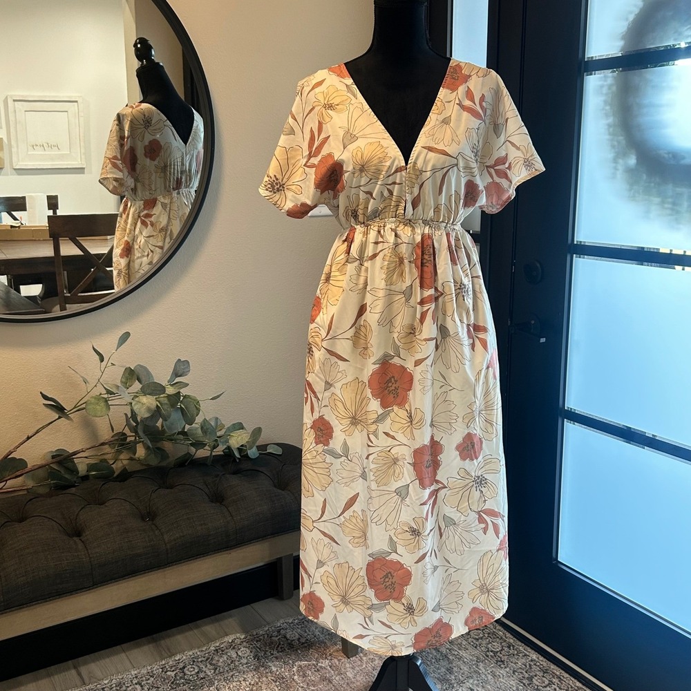Wishlist Apparel Floral V-Neck Midi Dress Cream Orange Boho Flutter Sleeve S/M